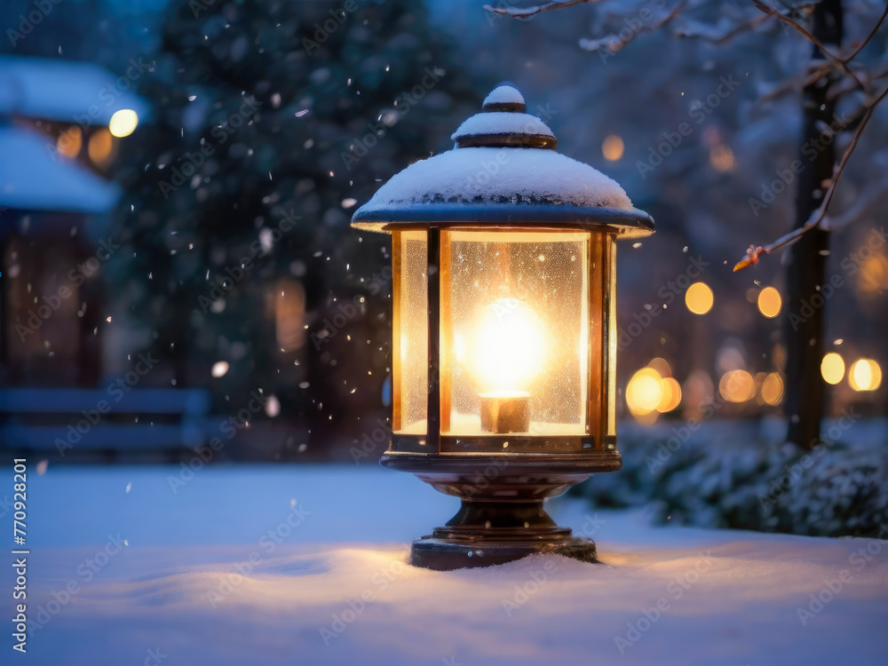 A Lantern Illuminates a Snowy Park