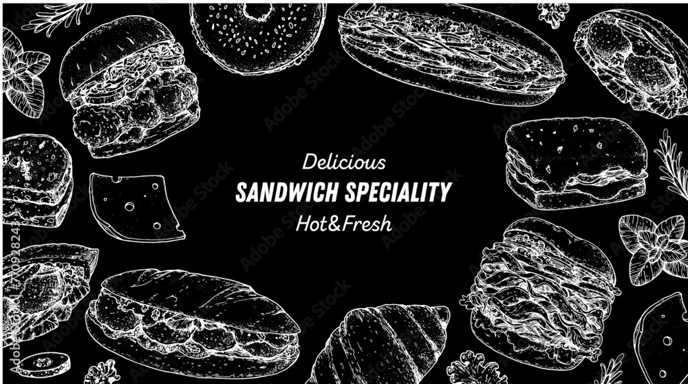 Naklejka premium Sandwich speciality frame. Menu design template. Sandwich sketches. Unique recipe. Hand drawn vector illustration.