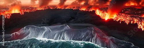Volcanic Eruption at Night, Capturing the Fiery Power of Nature with Lava Flowing into the Ocean photo
