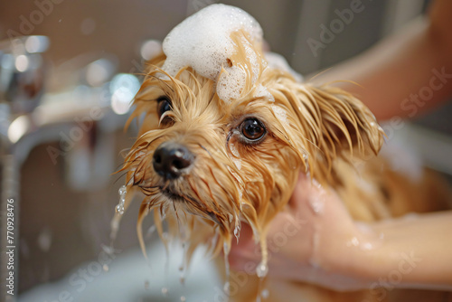 a person washing dog at an animal groomer shop in the s fabea474-a5cb-4810-bd12-11f6adccc619 photo