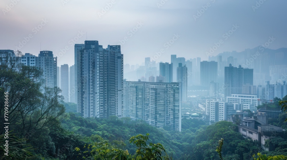 Obraz premium Urban skyline shrouded in PM 2.5 haze, juxtaposed with health masks and natural green buffers