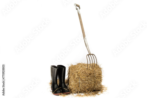 a pitch fork stuck into a bale of straw in a barn photo