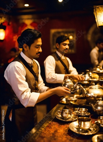 skilled servers pour Chai tea from one cup to another person