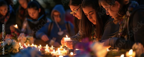 A heartwarming image of community members lighting candles for peace in a vigil at twilight