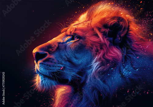 A majestic lion with vibrant orange and blue fur  its mane flowing in the wind against an isolated black background. Created with Ai