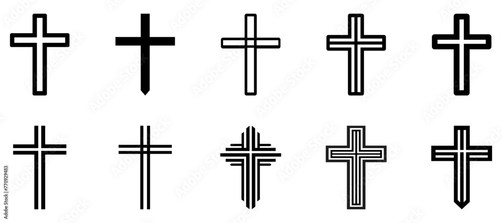 Black crosses vector set isolated on white background. Icons of christian and catholic crosses.