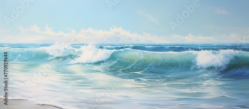A mesmerizing painting depicting the fluidity of water, with waves crashing on the sandy beach and the sky merging seamlessly with the horizon