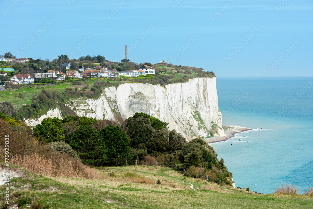 St Margarets Bay and the English Channel near Dover in Kent, England. The Dover Patrol Monument can also be seen in the distance.