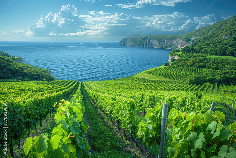 A panoramic view of the lush green vineyards along Lauter Bachelor Island, with the deep blue sea in the background and cliffs on one side. Created with Ai - obrazy, fototapety, plakaty 