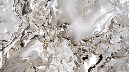 A close-up of a polished silver and white patterned natural marble surface, showcasing intricate veins and swirls, creating an abstract and luxurious background, 