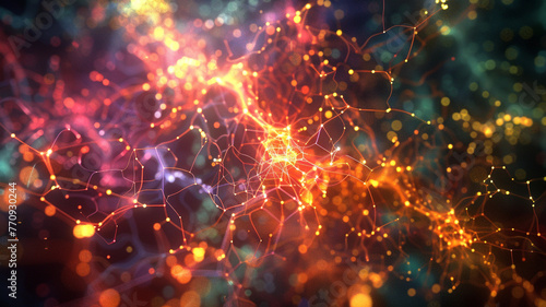A high-definition visualization of a microscopic network, resembling neural connections or a complex biological system, in luminous, life-like colors.