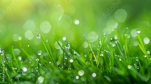 green grass with dew blurred background