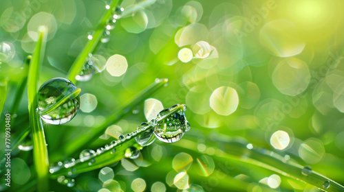 close up green grass with dew drops, blurred background