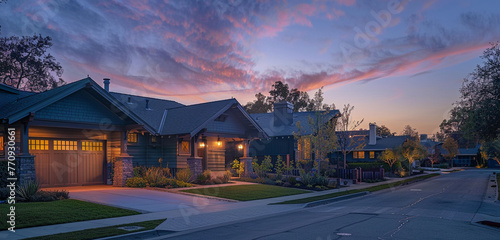Dawn breaking over a muted indigo Craftsman style house, suburban streets bathed in the early light, quiet and peaceful, a serene start to the day