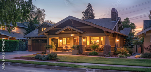 Early evening's last light painting a warm mocha Craftsman style house, the suburban street quiet as families gather inside, warm and comforting photo
