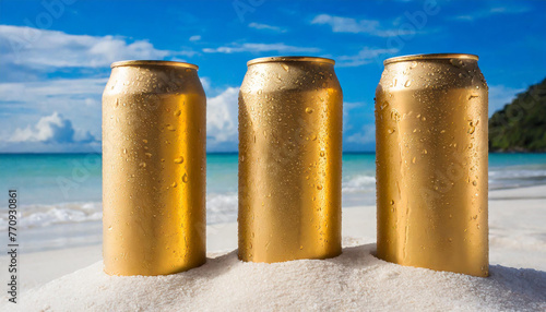 3 golden aluminum can with condensation drops on clear white sand at beach. Beer or soda drink package
