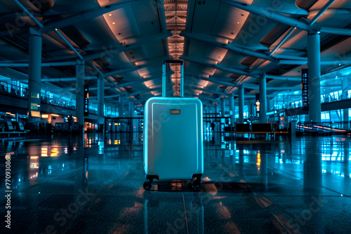 A rolling suitcase iluminated in the airport, blue dark cinematic lights photo