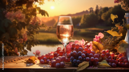 Glass of ros? wine with clusters of red and purple grapes on a wooden table, backlit by a warm sunset in a picturesque countryside setting
