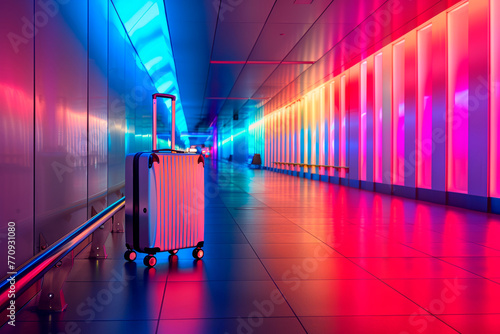 A rolling suitcase iluminated in a colorful hallway of a station photo