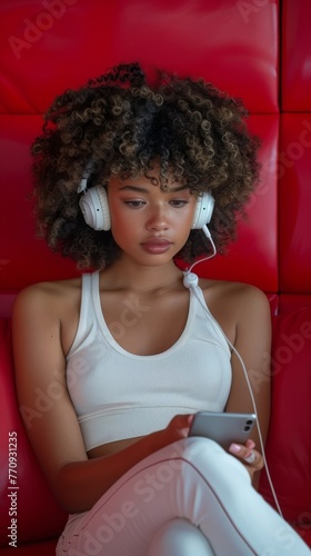 Woman With Headphones in Front of Red Wall