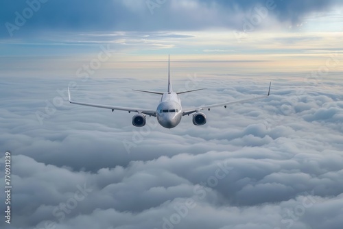 Passenger plane flies high in sky above clouds