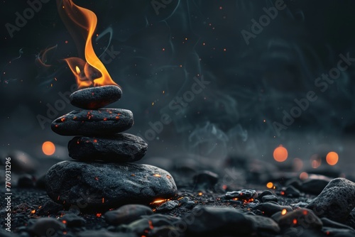 pile of stones on fire on a dark background photo