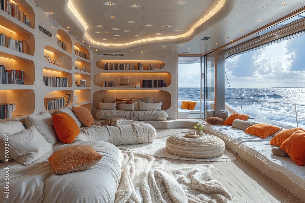 Modern luxury living room with white walls, floor to ceiling windows