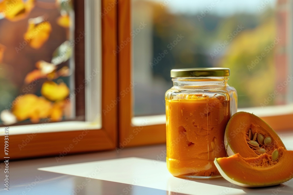 pumpkin puree in a jar stands next to the window on the table pumpkin puree in a jar stands next to the window on the table