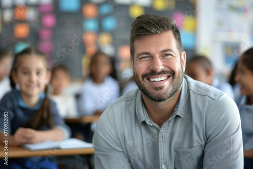 smiling male teacher in an elementary school classroom with students on background photo