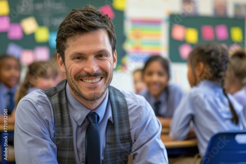 smiling male teacher in an elementary school classroom with students on background