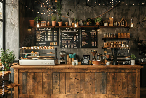 A rustic wooden bar with a chalkboard menu and a potted plant