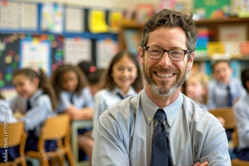 smiling male teacher in an elementary school classroom with students on background