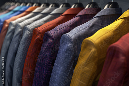 Various colorful suit jackets neatly arranged on a rack