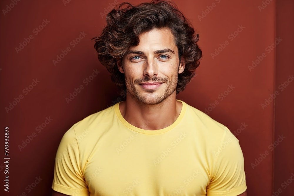 Naklejka premium Young Man in Yellow T-Shirt Against Red Background