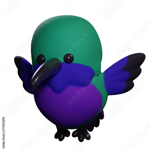 Cartoon bright hummingbird isolated on white background. Cute illustration. 3d rendering      