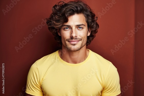 Young Man in Yellow T-Shirt Against Red Background