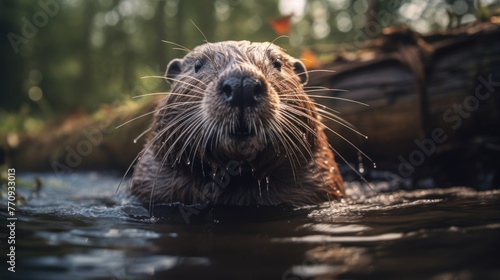 In a natural setting, a beaver's head peeks above the water, surrounded by vibrant vegetation, showcasing the beauty of wildlife.