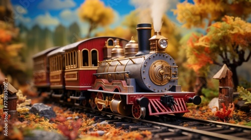 Step into a world of imagination with this toy model railroad, featuring a locomotive and cars moving gracefully along miniature tracks. photo