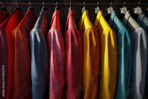 Colorful suits hanging in order on a clothing rack