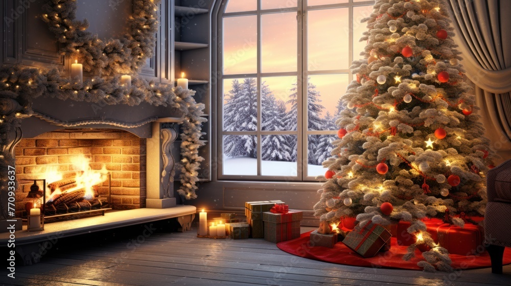 Immerse yourself in the festive spirit with a Christmas tree, blazing fireplace, and a living room adorned with an abundance of holiday gifts.