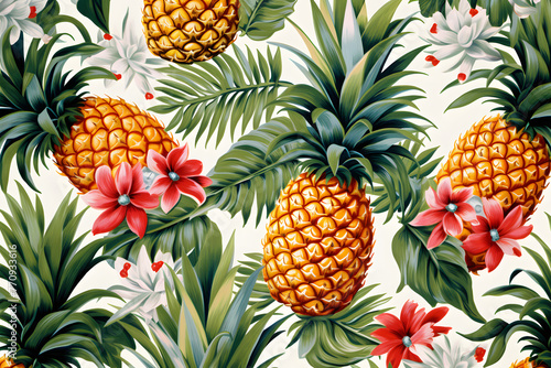 Embark on a tropical escape with a delightful pattern featuring vibrant pineapples and verdant leaves, isolated against a pure Generative AI, photo