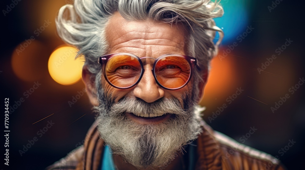Senior hipster in a joyful pose, donning glasses and a warm smile. Concept: Positive attitude at any age. Senior hipster in a joyful pose, donning glasses and a warm smile. Concept: Positive attitude at any age.