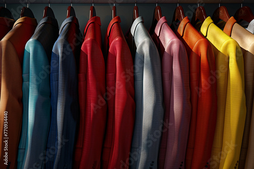 Assorted colorful jackets on hangers in a retail store