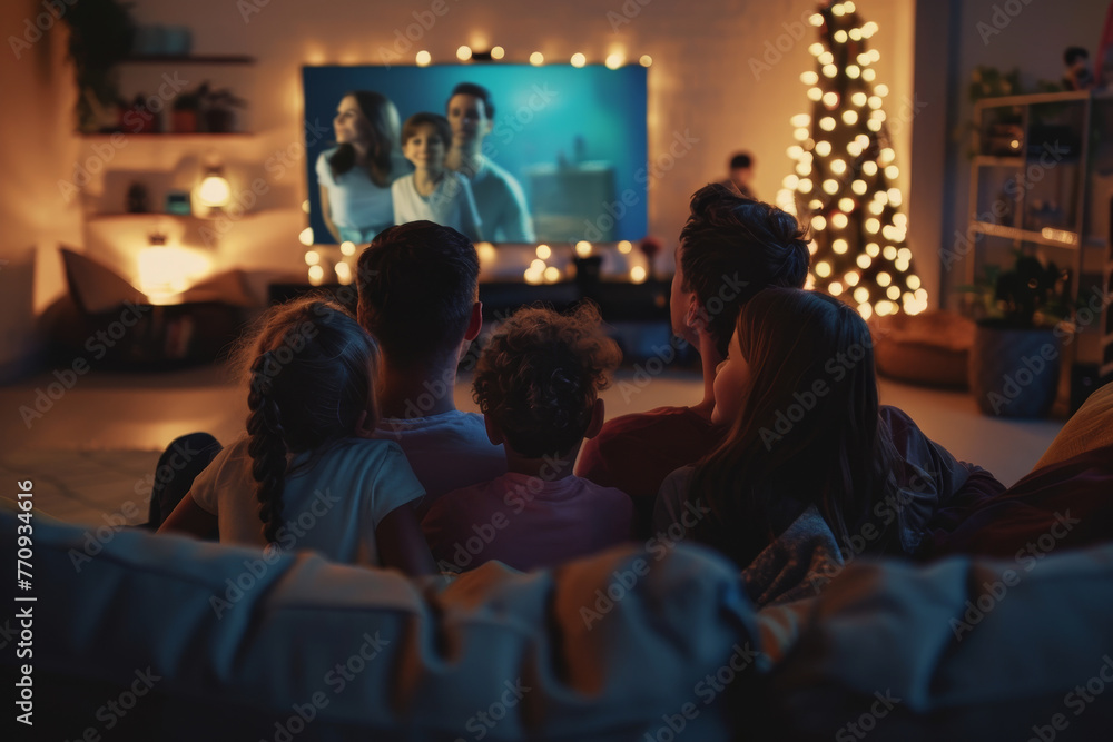 A family is watching a movie together on a couch