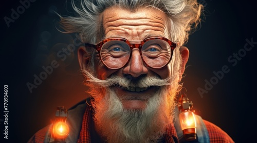 Gray-haired man, exuding happiness in a portrait with glasses. Concept: Positive attitude at any age.