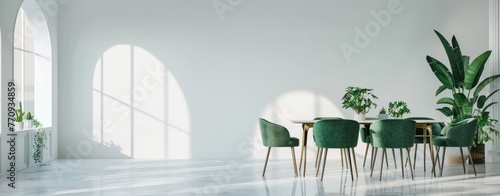 Minimalist dining room with green chairs, table and arch wall. Bright white background for product presentation of an empty mockup