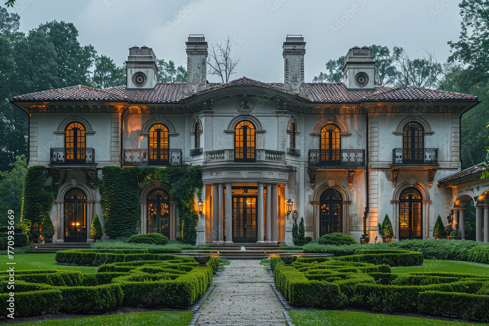 A luxurious mansion with symmetrical design, featuring large windows and intricate details in the architecture. The front view of the house is captured at dusk. Created with Ai