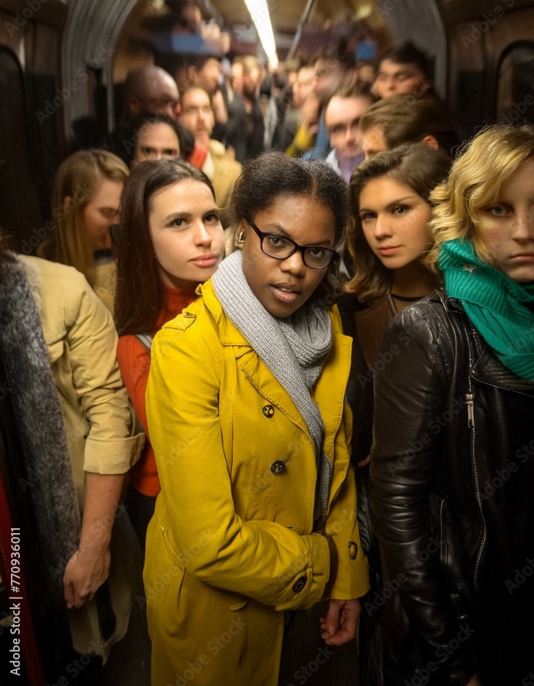 Fototapeta premium Subway Congestion: Crowd of Commuters Standing Inside Packed Train