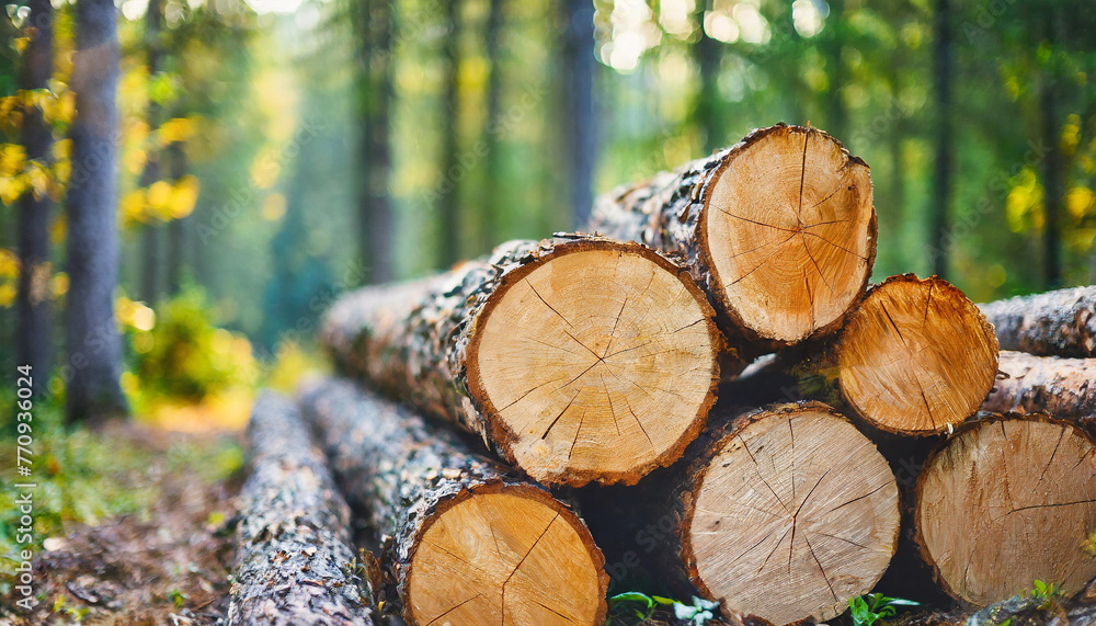 Pine and spruce trees, log trunks pile - symbolizing logging industry. Wide banner Pine and spruce trees, log trunks pile - symbolizing logging industry. Wide banner