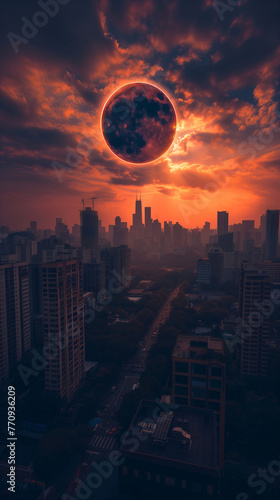 Spectacular astronomical event. Total solar eclipse over the city in an apocalyptic environment with thick, red-tinged clouds. Historical event.
